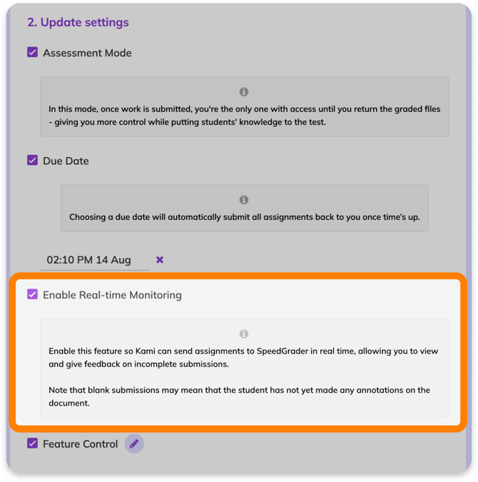 Enable Real-time Monitoring in assignment settings