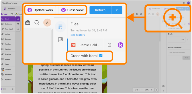 Grade with Kami, Update Work, and Class View buttons