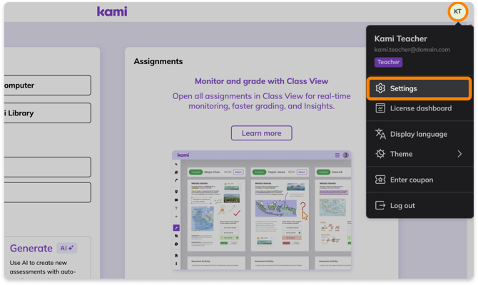 Account & Settings button in Kami