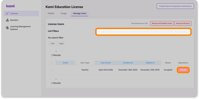 Screenshot of the Kami License dashboard > Licenses > Manage Users tab, with the Seach field highlighted.