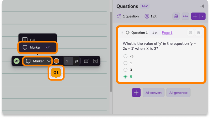 Screenshot of Kami app showing question on page with action bar open and the Question display "Marker" option highlighted and question shown in Questions side panel.