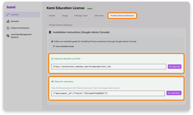 Private Chrome Extension tab in License Dashboard