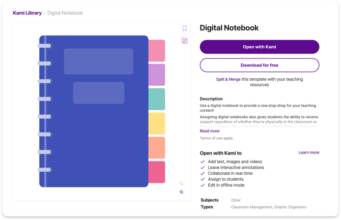 Digital Notebook in the Kami Library