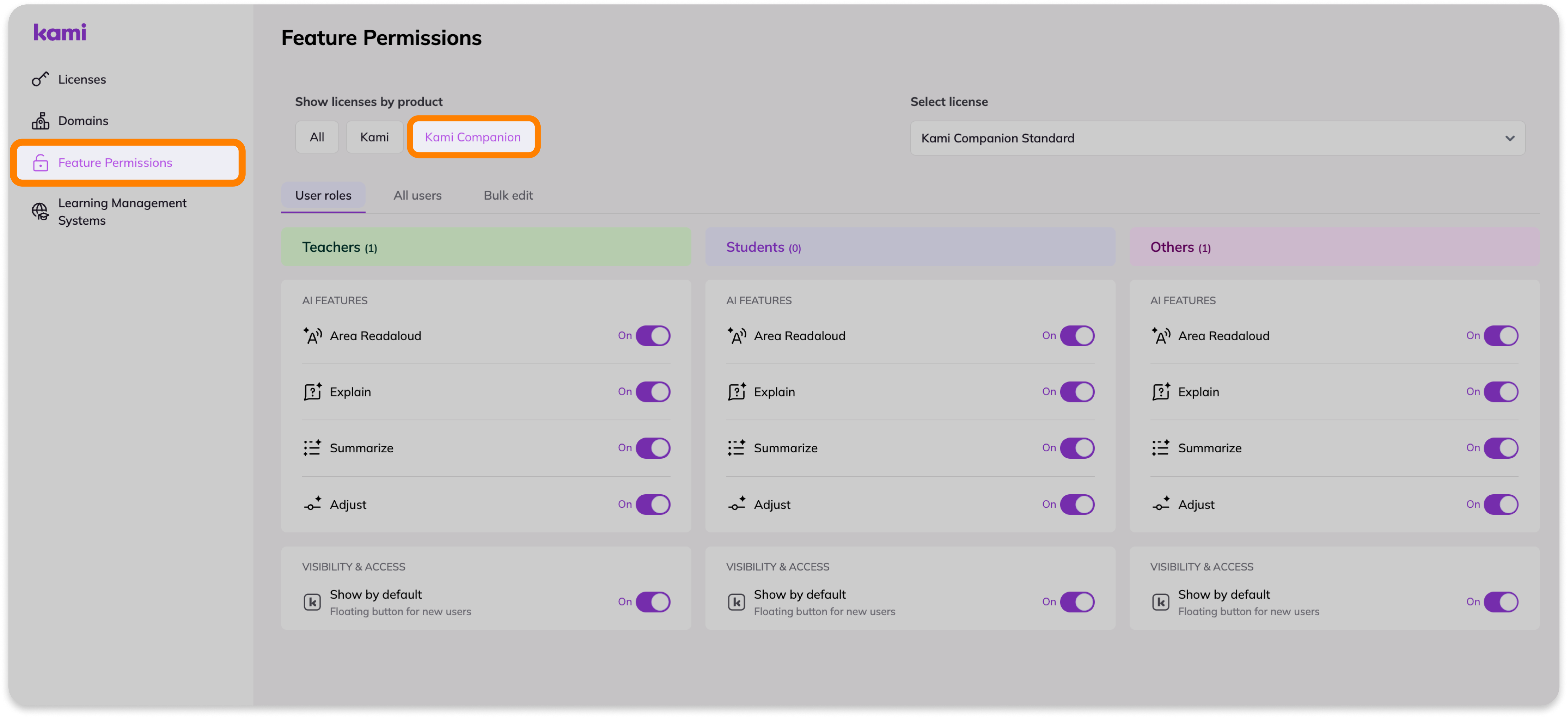 Kami Companion license Feature Permissions