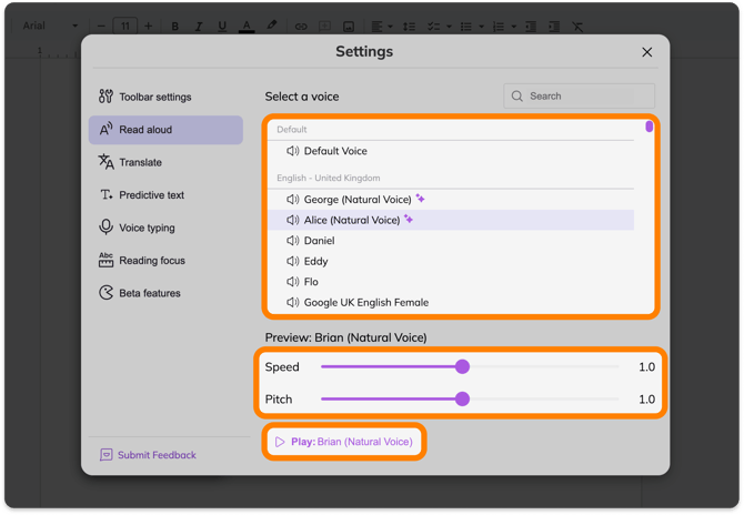 Read Aloud settings