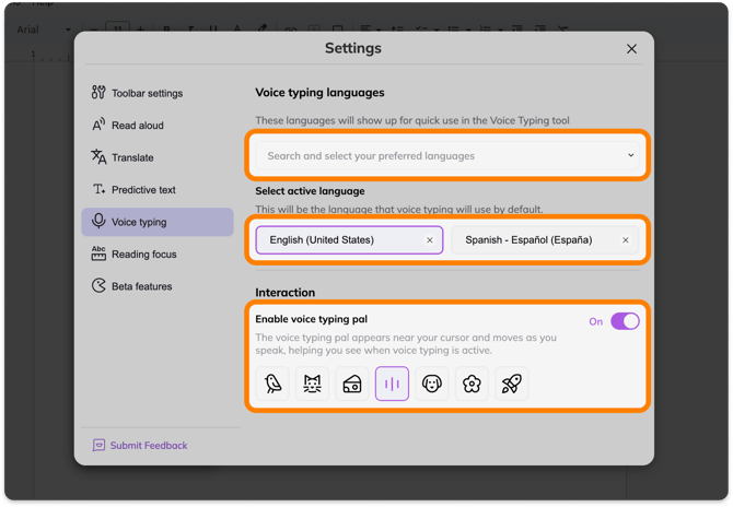 Voice Typing settings