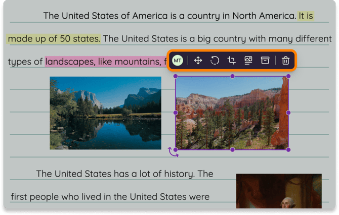 Screenshot of the Kami app with an image selected and the action bar above it highlighted.