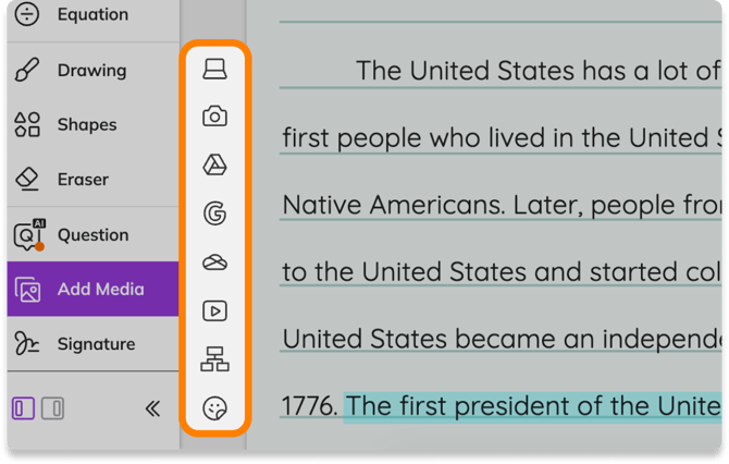 Screenshot of the Kami app toolbar with the Add Media tool selected, displaying the various Add Media options in the tool menu.