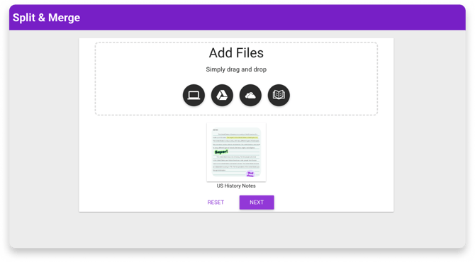 The Split & Merge tool add files screen.