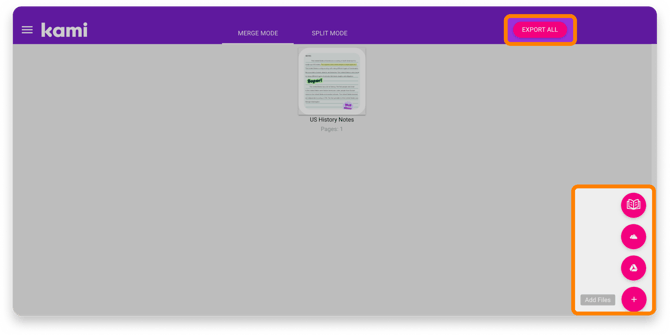 Merge Mode in the Split and merge tool, with the Export All button and Add File button highlighted.