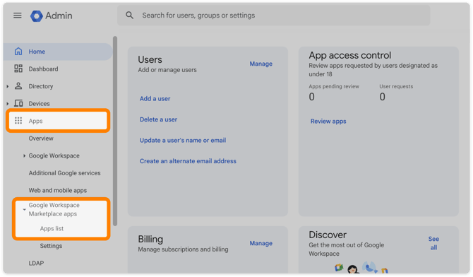 Google Admin workspace