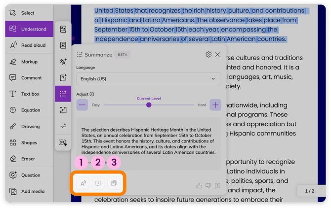 Summarize tool modal options