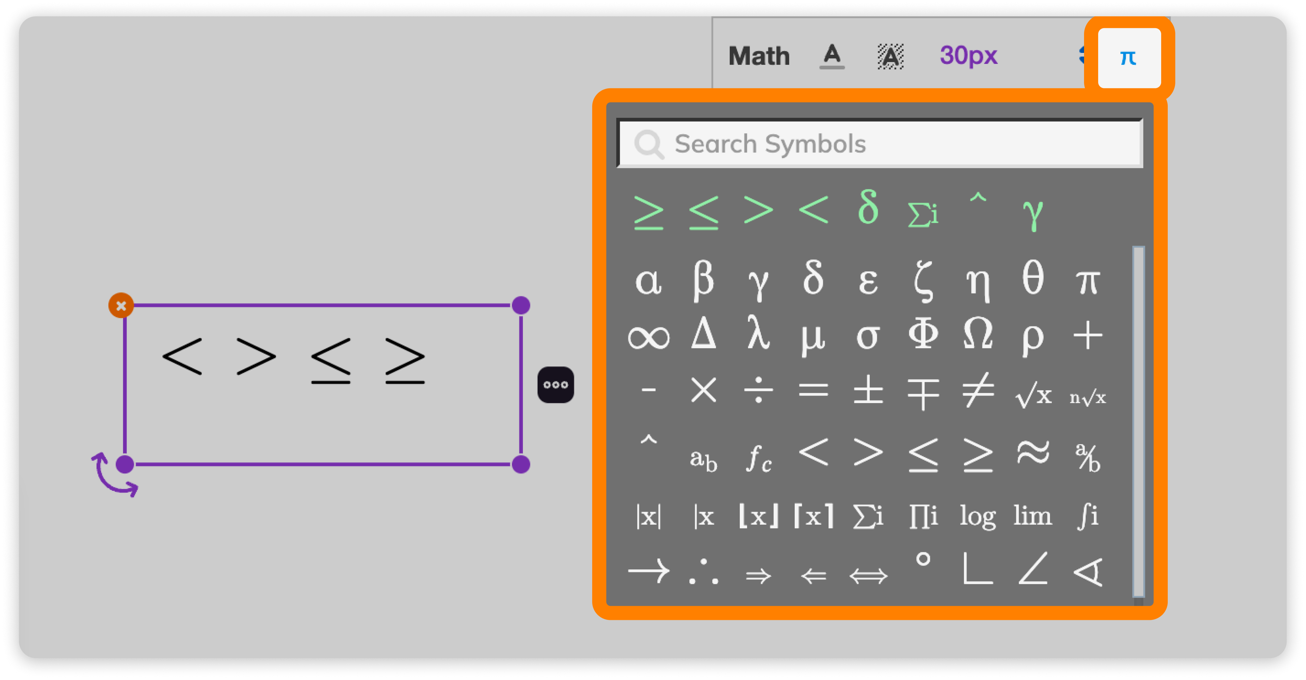 Math symbols menu