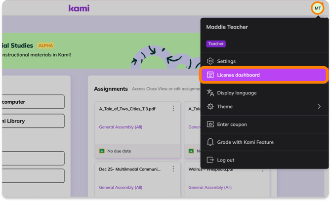 Screenshot of the Kami app Dashboard, with the Accoutn & Settings menu opened and the "License Dashboard" option highlighted.