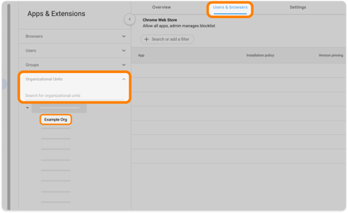 The Users & browsers tab with the Organizational Units drop-down expanded