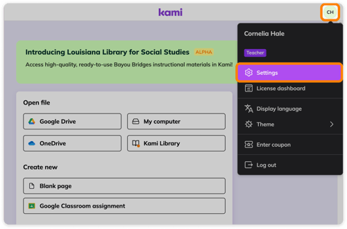 Kami Account & Settings menu