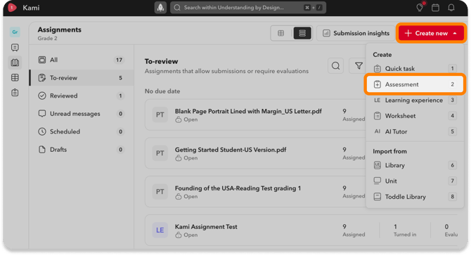Create new assessment