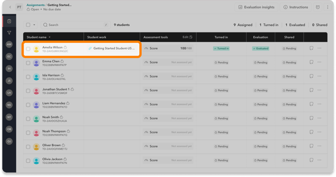 Select student from the list to view their work