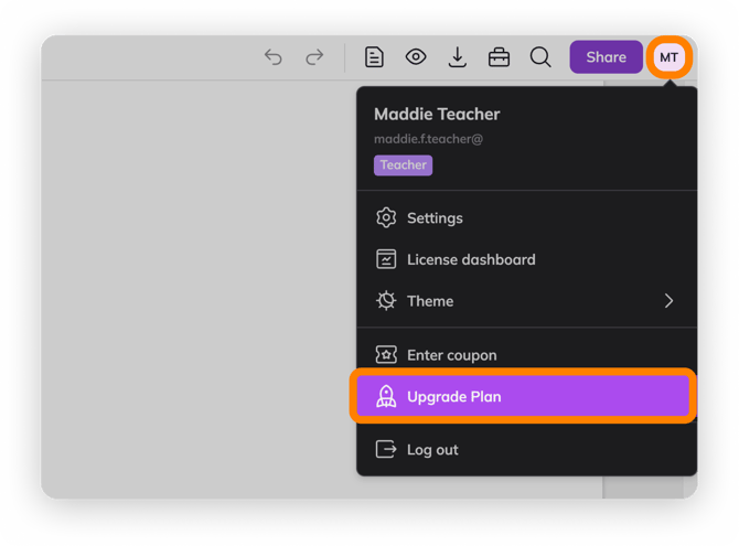 Upgrade Plan button in Settings menu