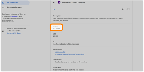 The current version listed beneath the description on the extension details page