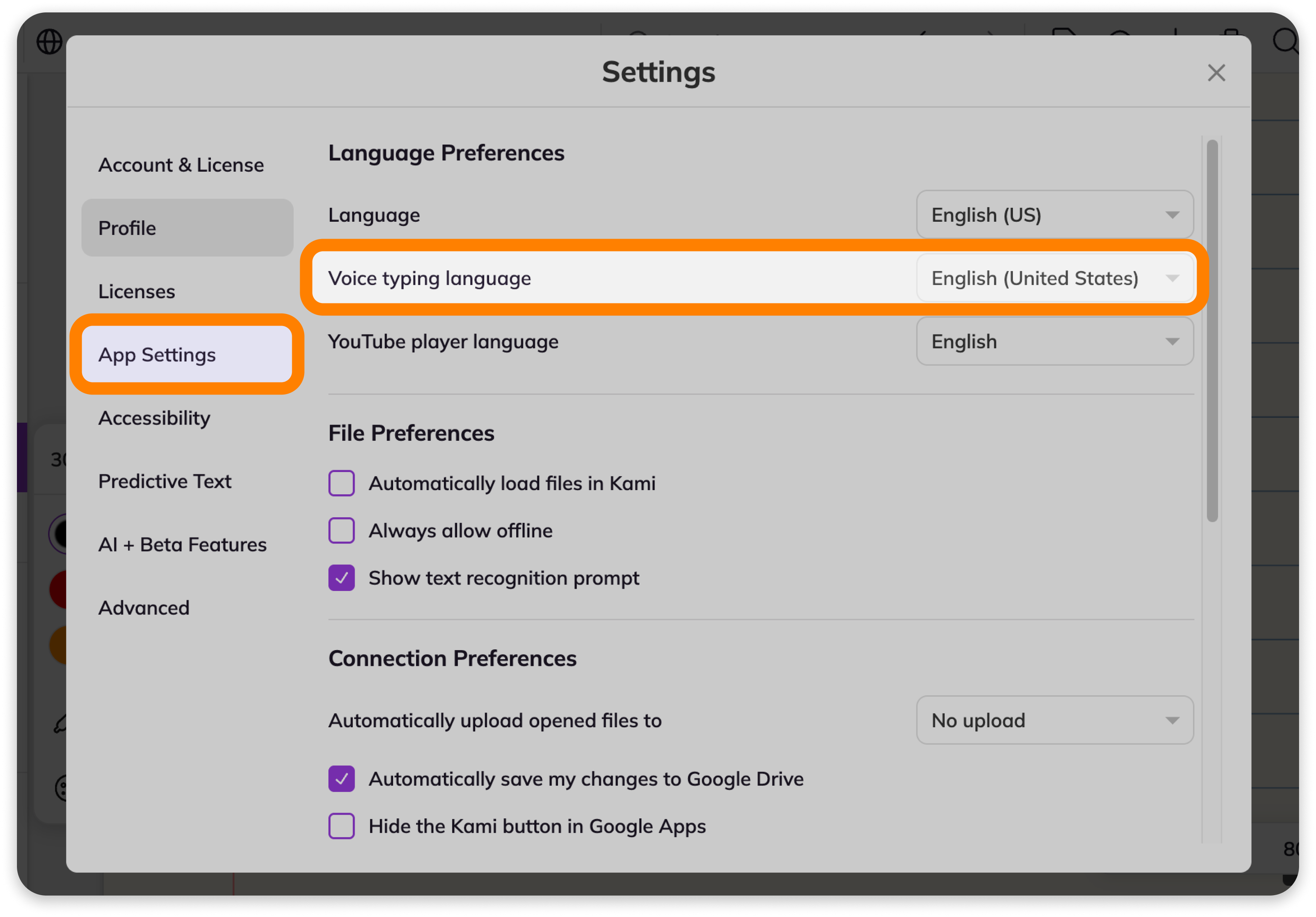 App Settings > Voice typing settings