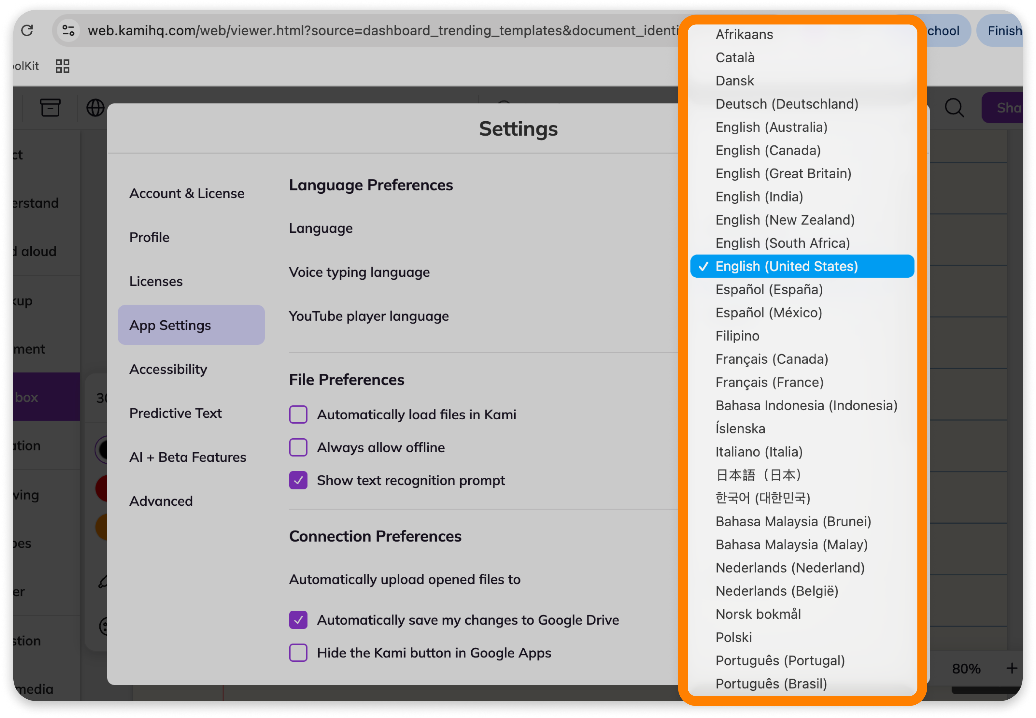 Voice typing language selector