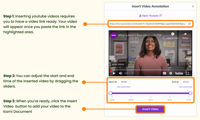 Steps for inserting a video annotation from Youtube into Kami