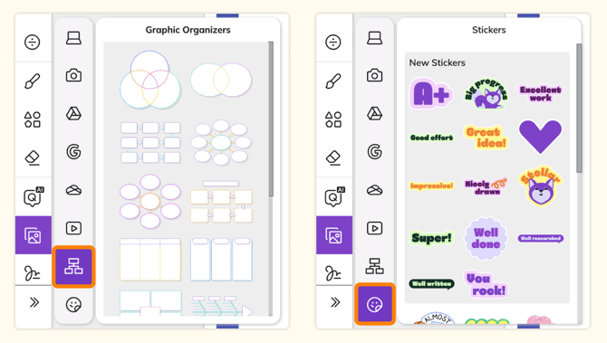 Image of the Graphic Organizers and Stickers selection window in the Kami app.