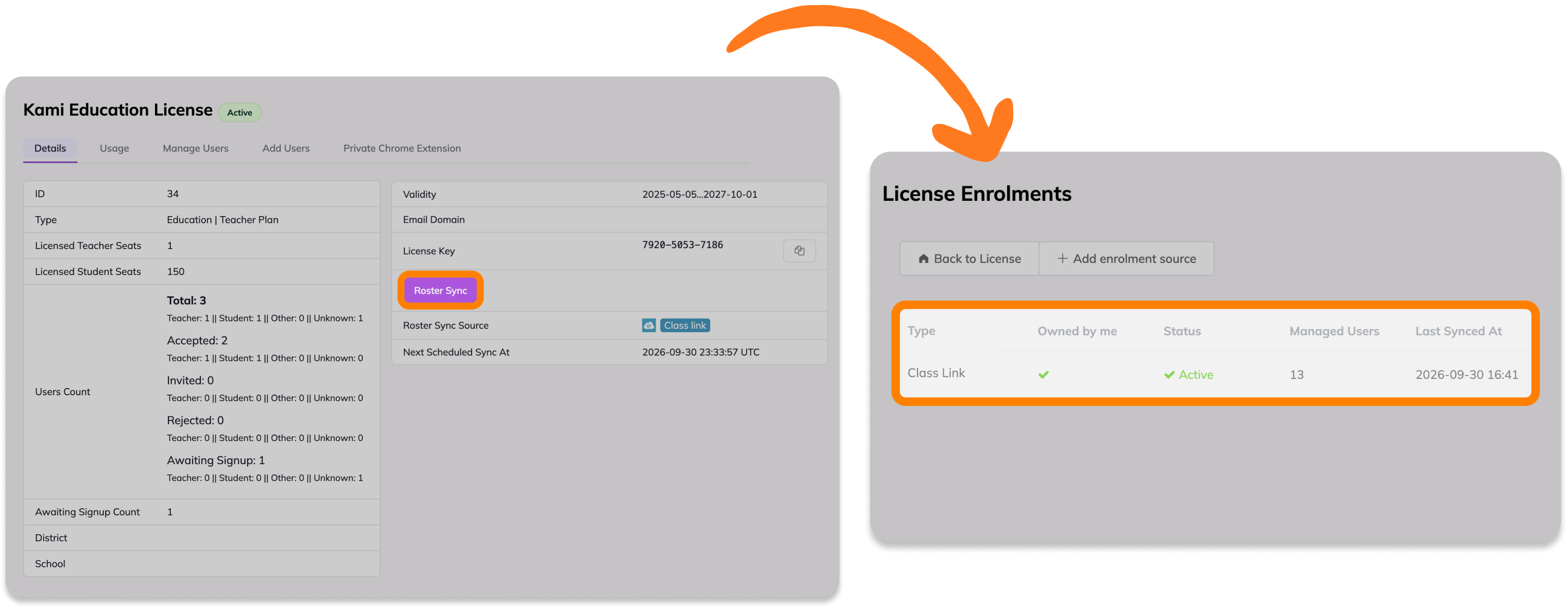 Classlink roster sync in Kami license dashboard
