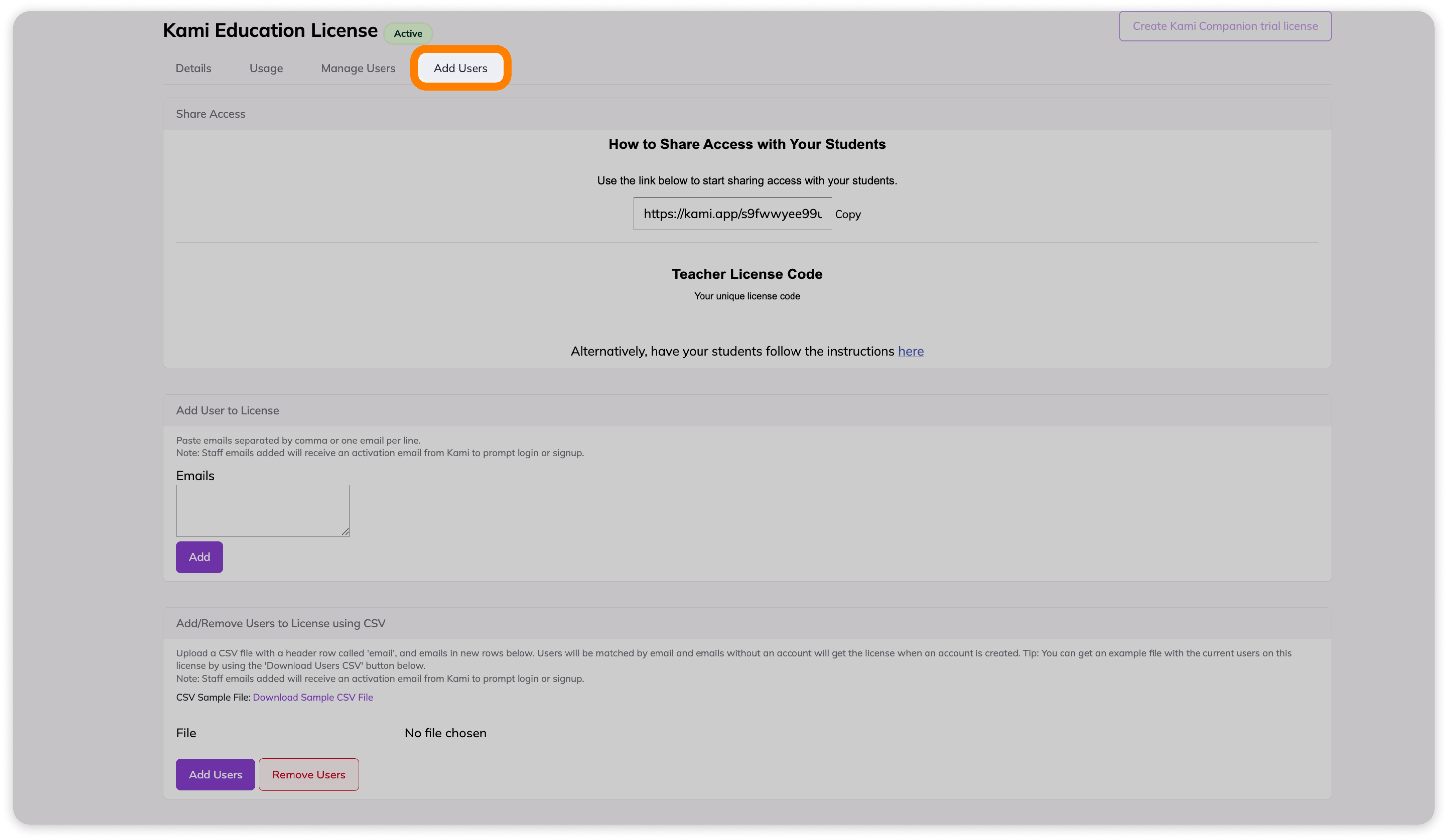 Add Users tab