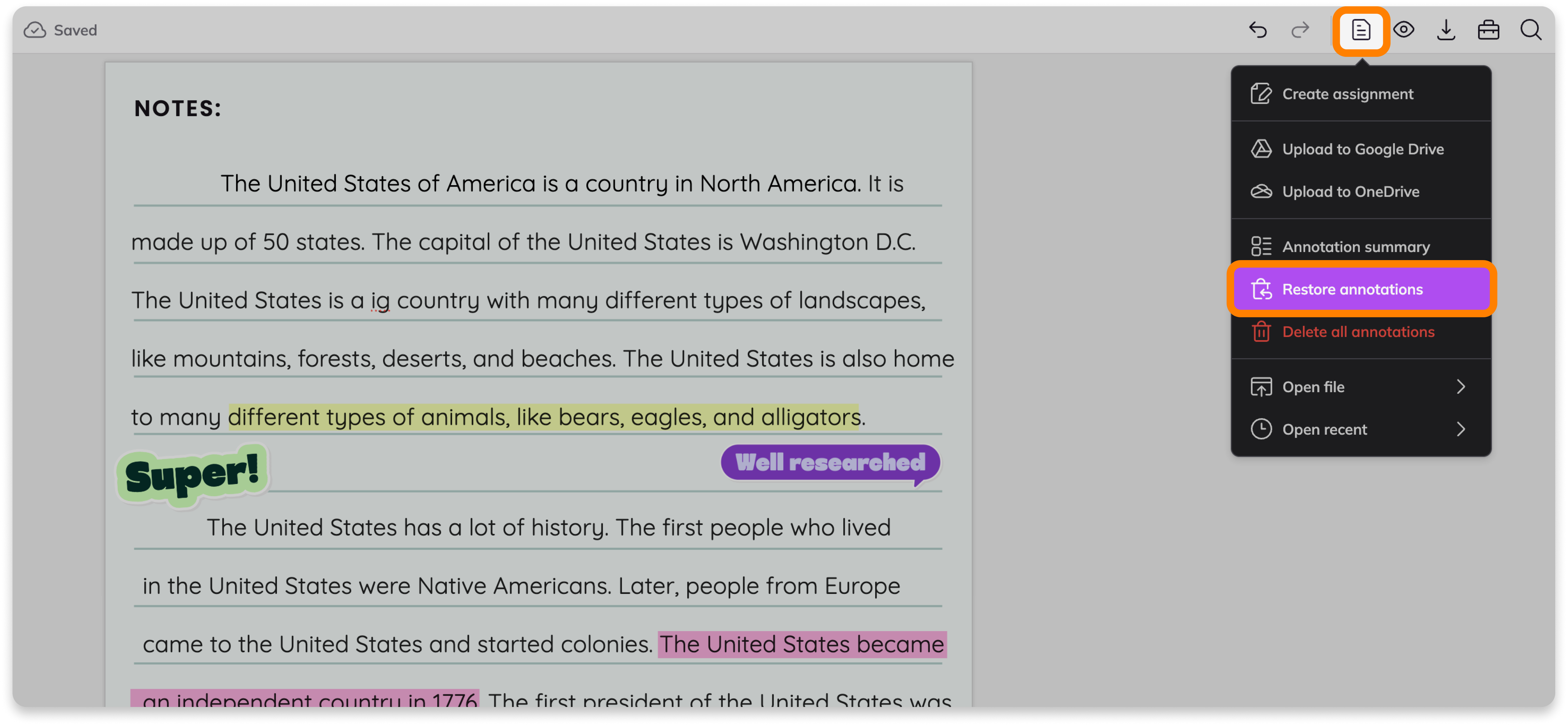 The File menu open and the Restore annotations option highlighted.